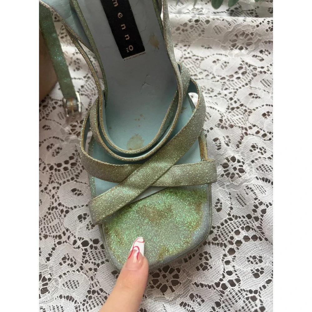 Ellemenno Sakura Vintage Light Blue Glitter Platform Block Heel Sandals‎ 8M